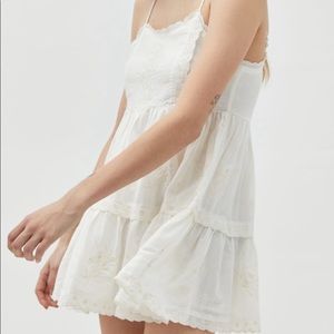 UO Hanna Embroidered Scalloped Babydoll Mini Dress